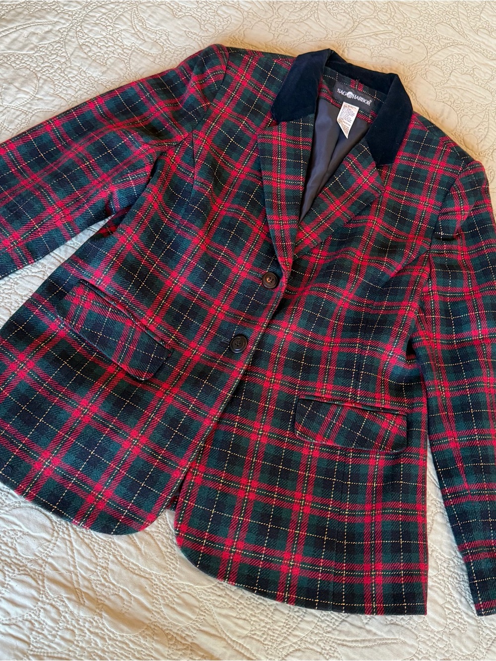 Vintage 90s Tartan Plaid Wool Blazer Red Green Holiday Preppy Equestrian 12 - Picture 2 of 12